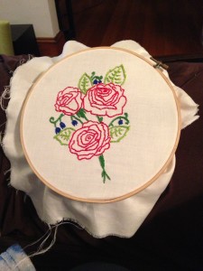 side-note: I also taught myself to embroider this summer.  This is my first piece (mostly done, I may add some highlighting to the roses).