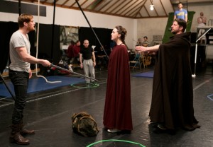 Rehearsal shot of Jordan Dean (Robin), Christiana Bennett Lind (Marion), and Christopher Sieber (Peter) by Evgenia Eliseeva